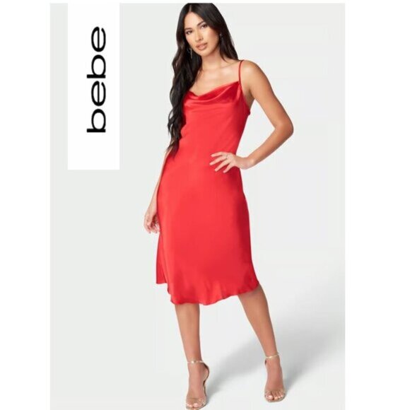 Satin RED Cowl Neck Slip Midi Dress - Picture 1 of 8